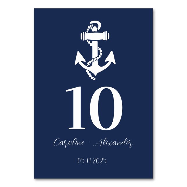 Nautical Navy Blue Anchor Modern Elegant Wedding Table Number (Front)