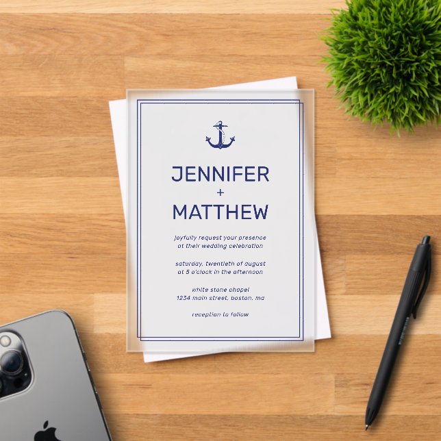 Nautical Navy Blue Anchor Modern Script Wedding Acrylic Invitations (Insitu (Invitation Card))