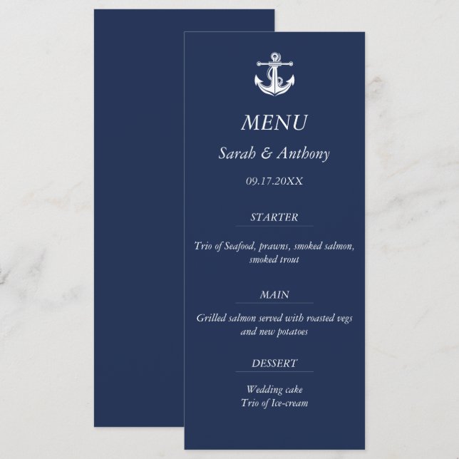 Nautical Navy Blue Anchor Modern Wedding Food  Menu (Front/Back)