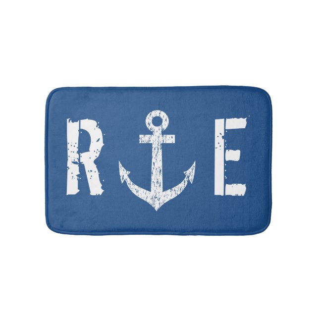 Nautical navy blue anchor monogram bath mat rug (Front)