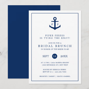 Nautical Navy Blue Anchor Monogram Bridal Brunch Invitation