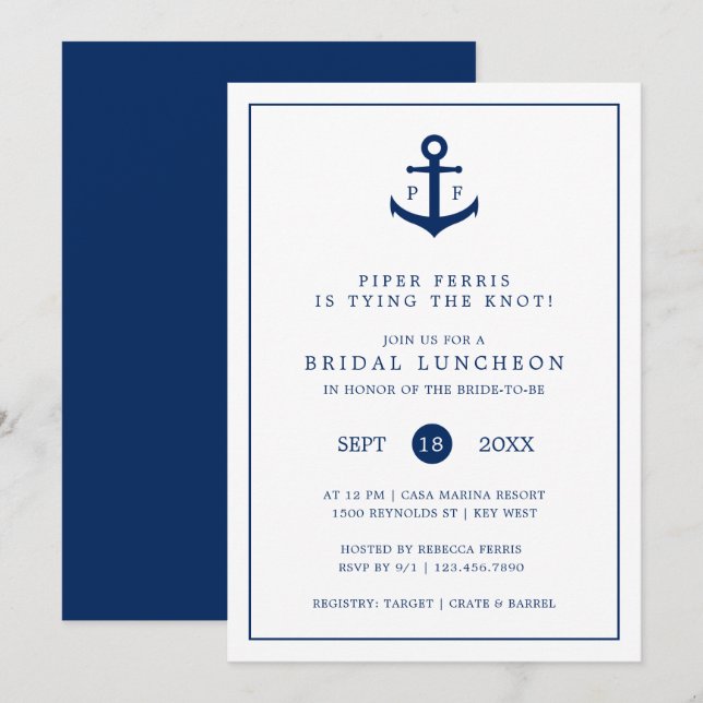 Nautical Navy Blue Anchor Monogram Bridal Luncheon Invitation (Front/Back)
