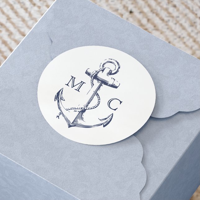 Nautical Navy Blue Anchor Monogram Classic Round Sticker (Creator Uploaded)