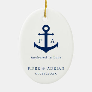 Nautical Navy Blue Anchor Monogram Wedding Ceramic Tree Decoration