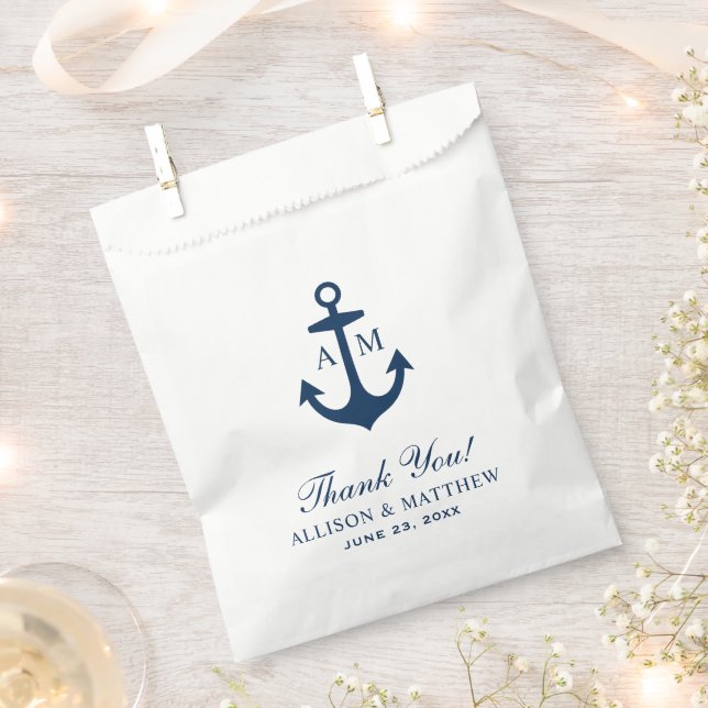 Nautical Navy Blue Anchor Monogram Wedding Favour Bags (Clipped)