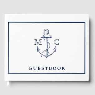 Nautical Navy Blue Anchor Monogram Wedding Guest Book