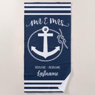 Nautical Navy Blue Anchor Mr and Mrs Beach Towel