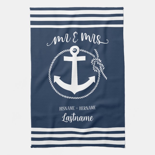 Nautical Navy Blue Anchor Mr and Mrs Tea Towel (Vertical)
