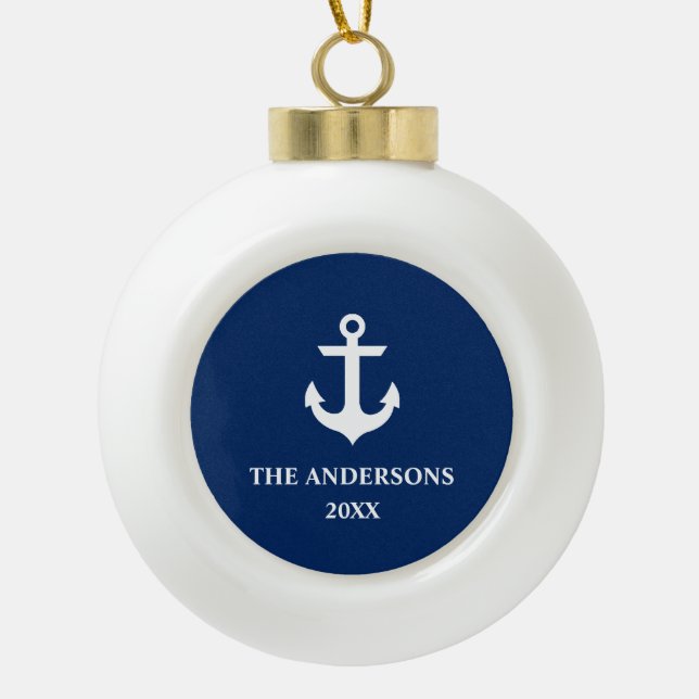 Nautical Navy Blue Anchor Name Year Ceramic Ball Christmas Ornament (Front)