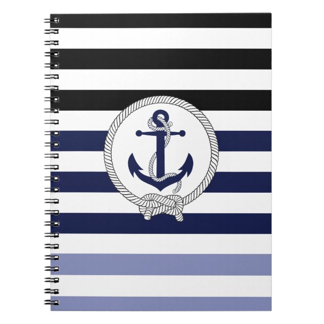 Nautical navy blue anchor/Navy knot/black stripe Notebook (Front)