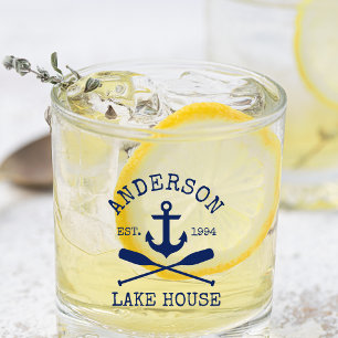 Nautical Navy Blue Anchor Oars Family Lake House Whiskey Glass