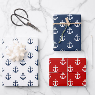 Nautical navy blue anchor on a white background wrapping paper sheet