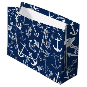 Nautical Navy Blue Anchor Pattern Large Gift Bag
