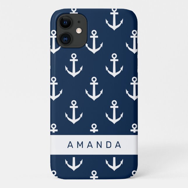 Nautical navy blue anchor pattern personalised Case-Mate iPhone case (Back)