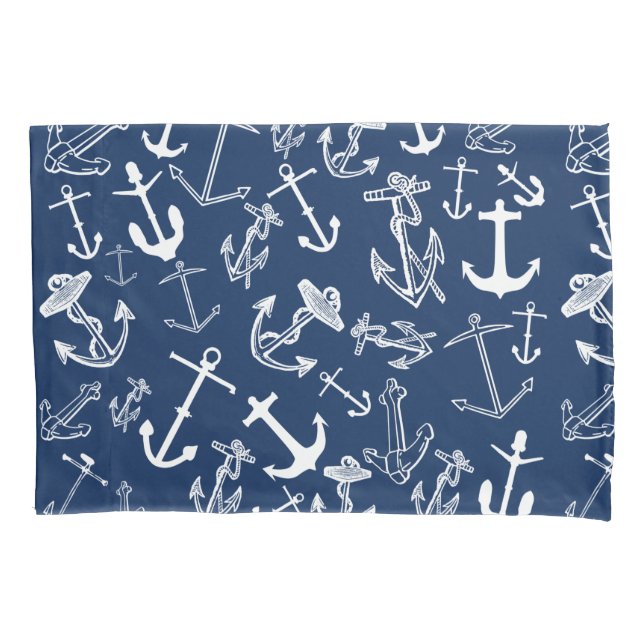 Nautical  Navy Blue Anchor Pattern Pillowcase (Front)