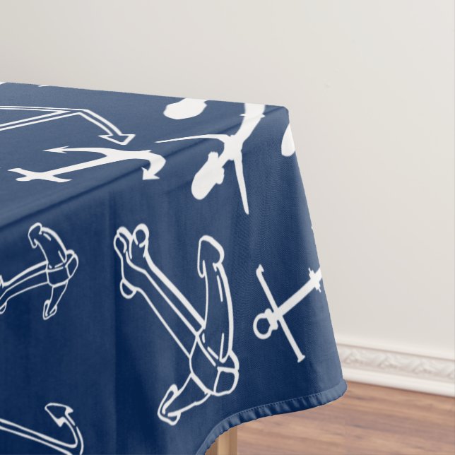 Nautical Navy Blue Anchor Pattern Tablecloth (In Situ)