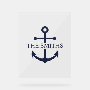 Nautical Navy Blue Anchor Personalised Family Name Acrylic Sign