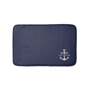 Nautical Navy Blue Anchor Personalised Family Name Bath Mat
