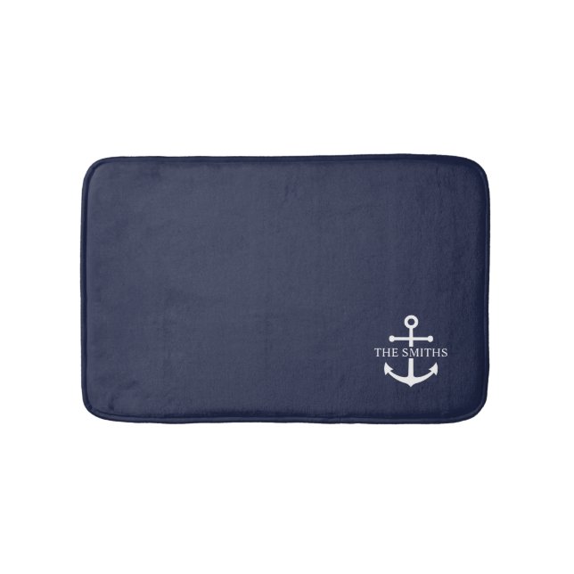 Nautical Navy Blue Anchor Personalised Family Name Bath Mat (Front)