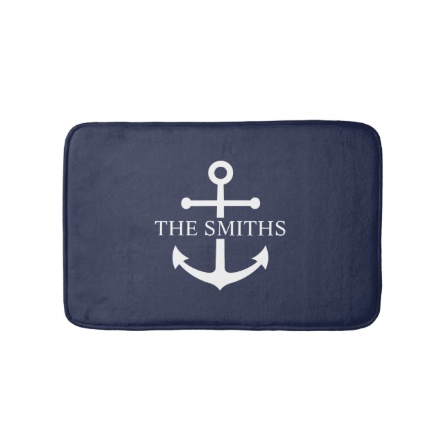 Nautical Navy Blue Anchor Personalised Family Name Bath Mat (Front)