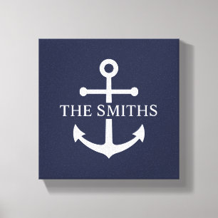 Nautical Navy Blue Anchor Personalised Family Name Canvas Print
