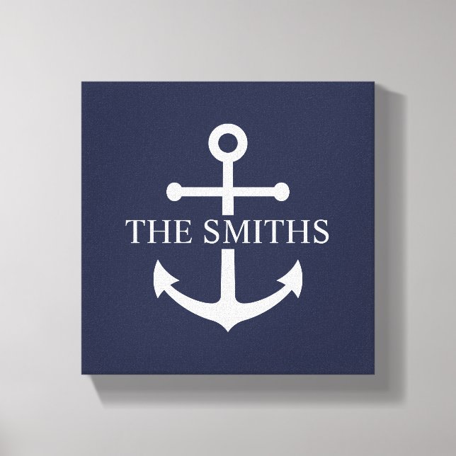 Nautical Navy Blue Anchor Personalised Family Name Canvas Print (Front)