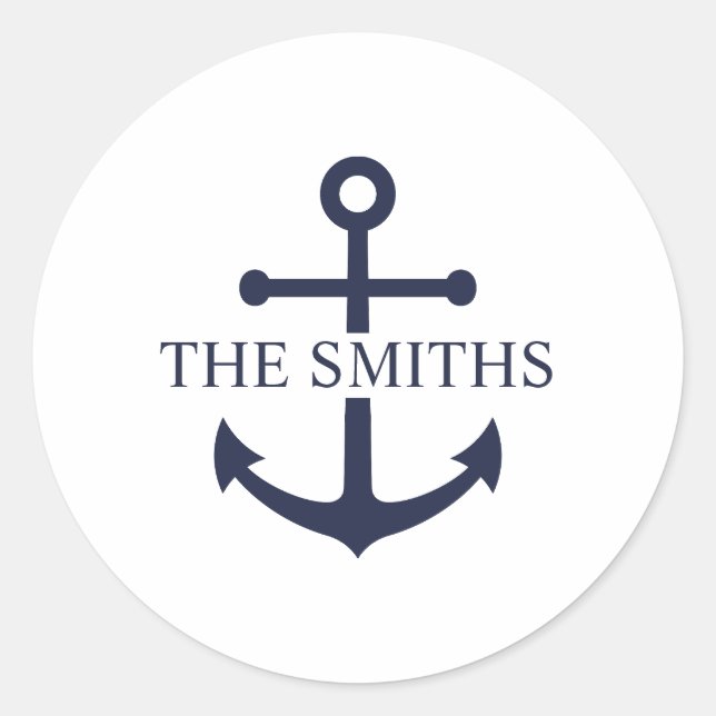 Nautical Navy Blue Anchor Personalised Family Name Classic Round Sticker (Front)