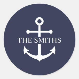 Nautical Navy Blue Anchor Personalised Family Name Classic Round Sticker