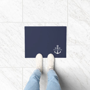 Nautical Navy Blue Anchor Personalised Family Name Doormat