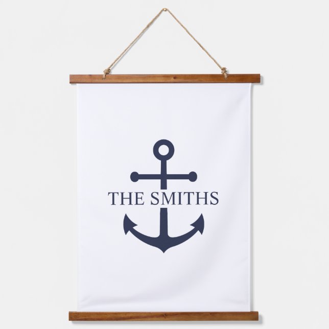 Nautical Navy Blue Anchor Personalised Family Name Hanging Tapestry (Front)