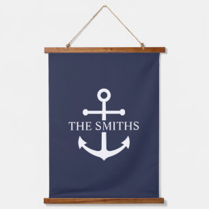 Nautical Navy Blue Anchor Personalised Family Name Hanging Tapestry