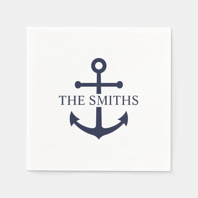 Nautical Navy Blue Anchor Personalised Family Name Napkin (Front)