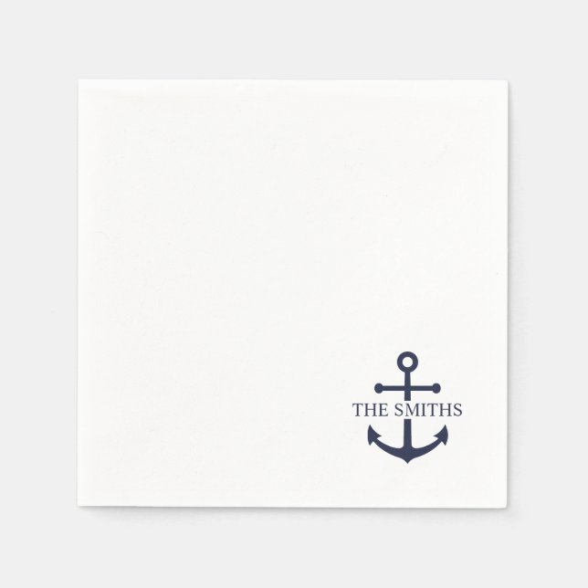 Nautical Navy Blue Anchor Personalised Family Name Napkin (Front)