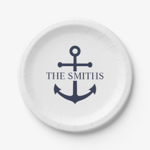 Nautical Navy Blue Anchor Personalised Family Name Paper Plate