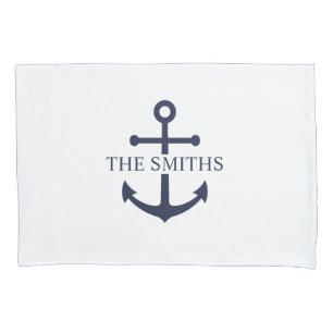 Nautical Navy Blue Anchor Personalised Family Name Pillowcase