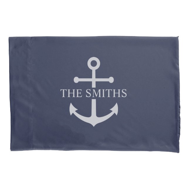 Nautical Navy Blue Anchor Personalised Family Name Pillowcase (Front)