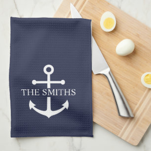 Nautical Navy Blue Anchor Personalised Family Name Tea Towel