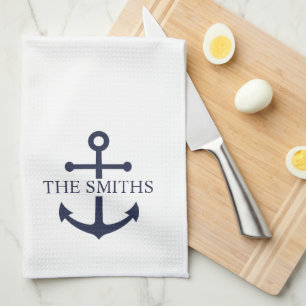Nautical Navy Blue Anchor Personalised Family Name Tea Towel