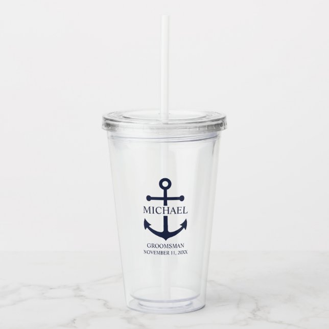 Nautical Navy Blue Anchor Personalised Groomsmen Acrylic Tumbler (Front)