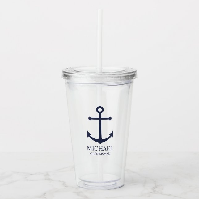 Nautical Navy Blue Anchor Personalised Groomsmen Acrylic Tumbler (Front)
