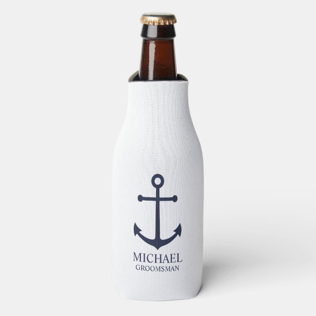 Nautical Navy Blue Anchor Personalised Groomsmen Bottle Cooler (Bottle Front)