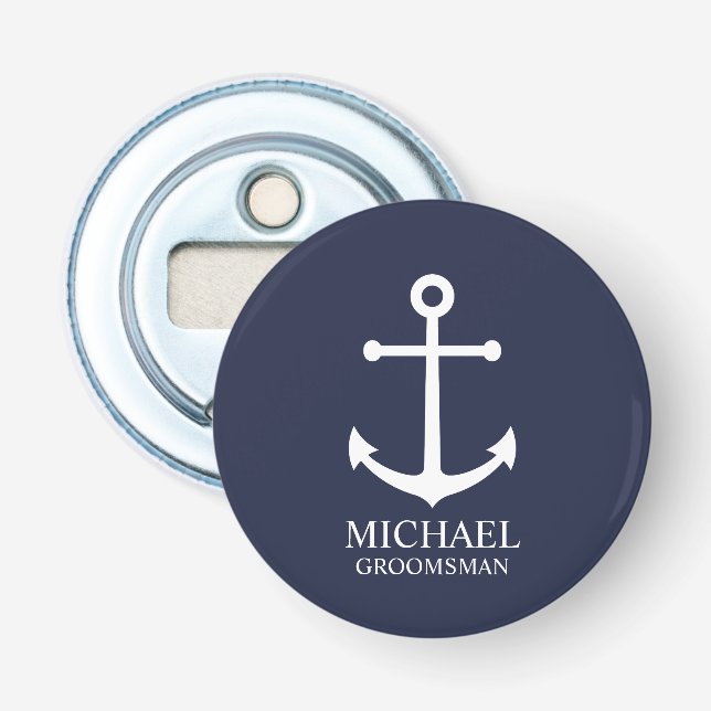 Nautical Navy Blue Anchor Personalised Groomsmen Bottle Opener (Front)
