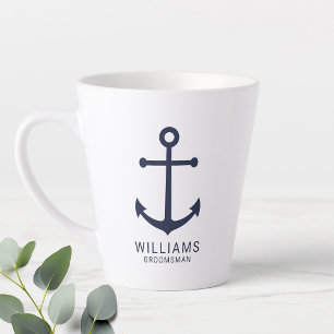 Nautical Navy Blue Anchor Personalised Groomsmen C Latte Mug