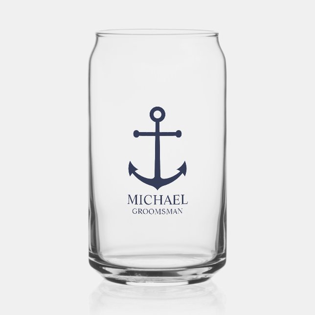 Nautical Navy Blue Anchor Personalised Groomsmen Can Glass (Front)