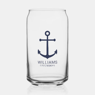 Nautical Navy Blue Anchor Personalised Groomsmen Can Glass