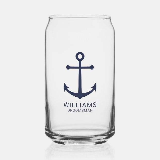 Nautical Navy Blue Anchor Personalised Groomsmen Can Glass (Front)