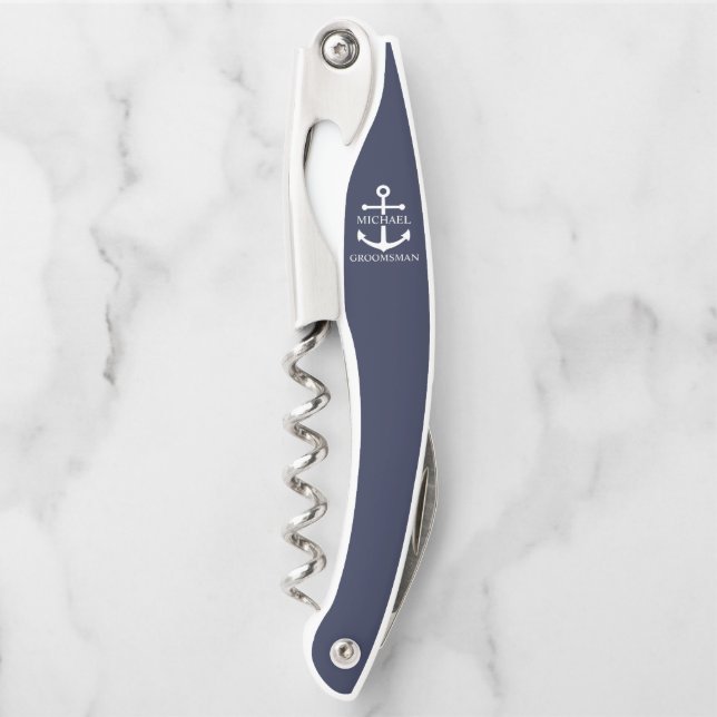 Nautical Navy Blue Anchor Personalised Groomsmen Corkscrew (Front)
