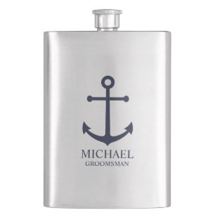 Nautical Navy Blue Anchor Personalised Groomsmen Hip Flask