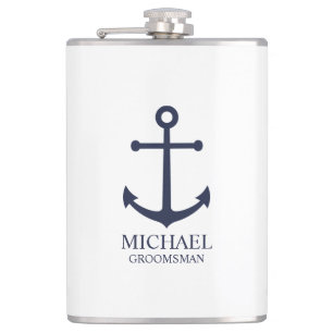 Nautical Navy Blue Anchor Personalised Groomsmen Hip Flask