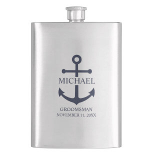 Nautical Navy Blue Anchor Personalised Groomsmen Hip Flask